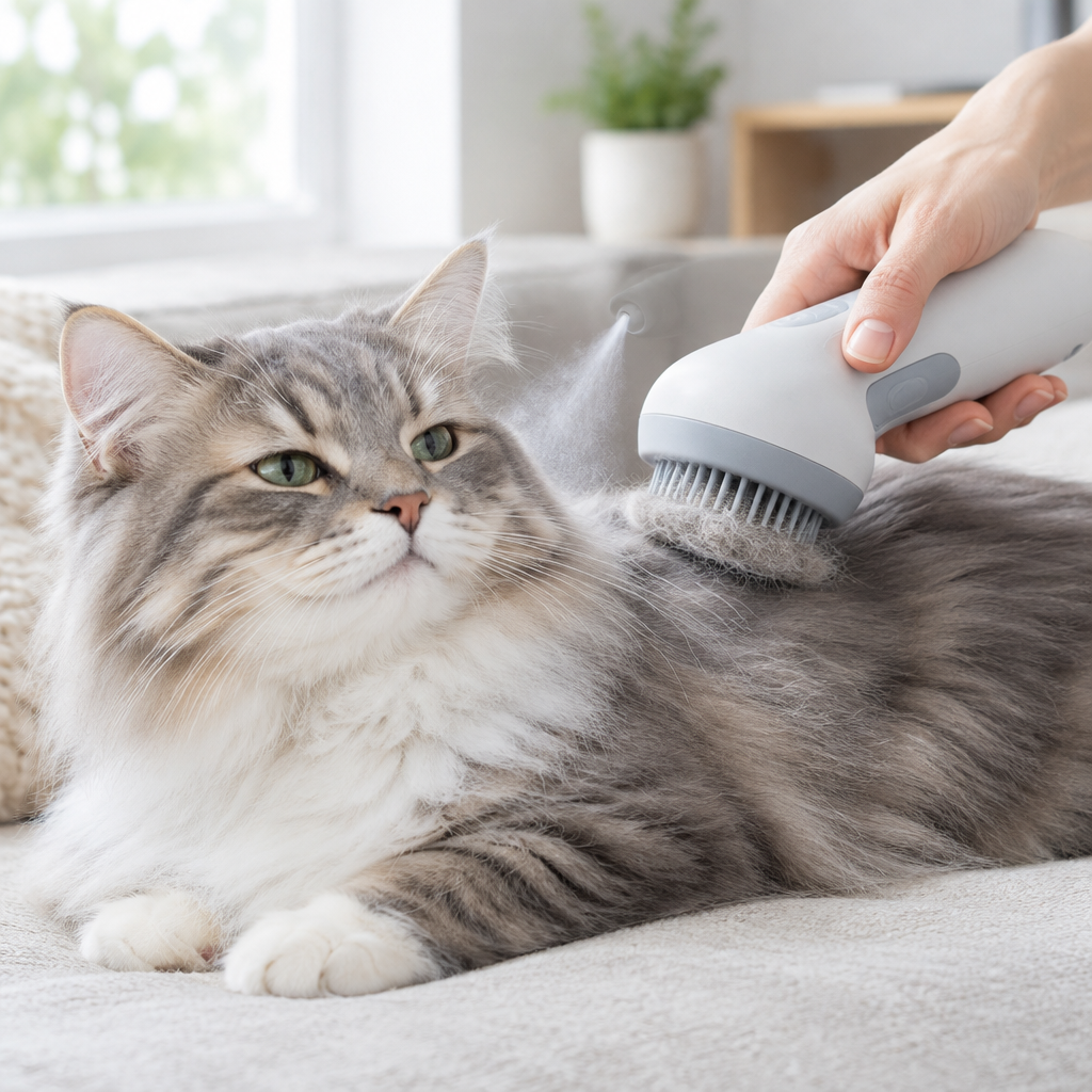 Photo-style image of a cat being groomed with a water-spray brush