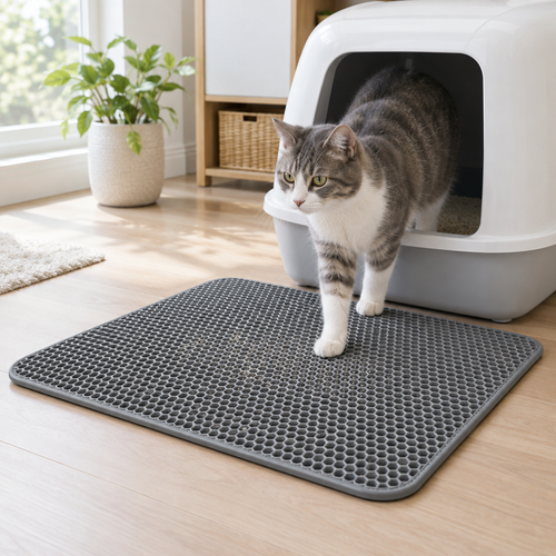 Photo-style image of a honeycomb cat litter mat